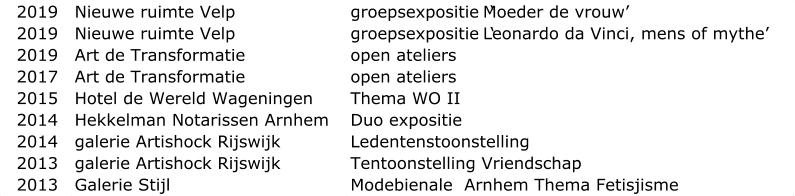 2019 Nieuwe ruimte Velp  groepsexpositie  ‘Moeder de vrouw’ 2019 Nieuwe ruimte Velp  groepsexpositie  ‘Leonardo da Vinci, mens of mythe’ 2019 Art de Transformatie open ateliers 2017 Art de Transformatie open ateliers 2015 Hotel de Wereld Wageningen  Thema WO II  2014 Hekkelman Notarissen Arnhem  Duo expositie 2014 galerie Artishock Rijswijk Ledentenstoonstelling 2013 galerie Artishock Rijswijk Tentoonstelling Vriendschap 2013 Galerie Stijl Modebienale  Arnhem Thema Fetisjisme